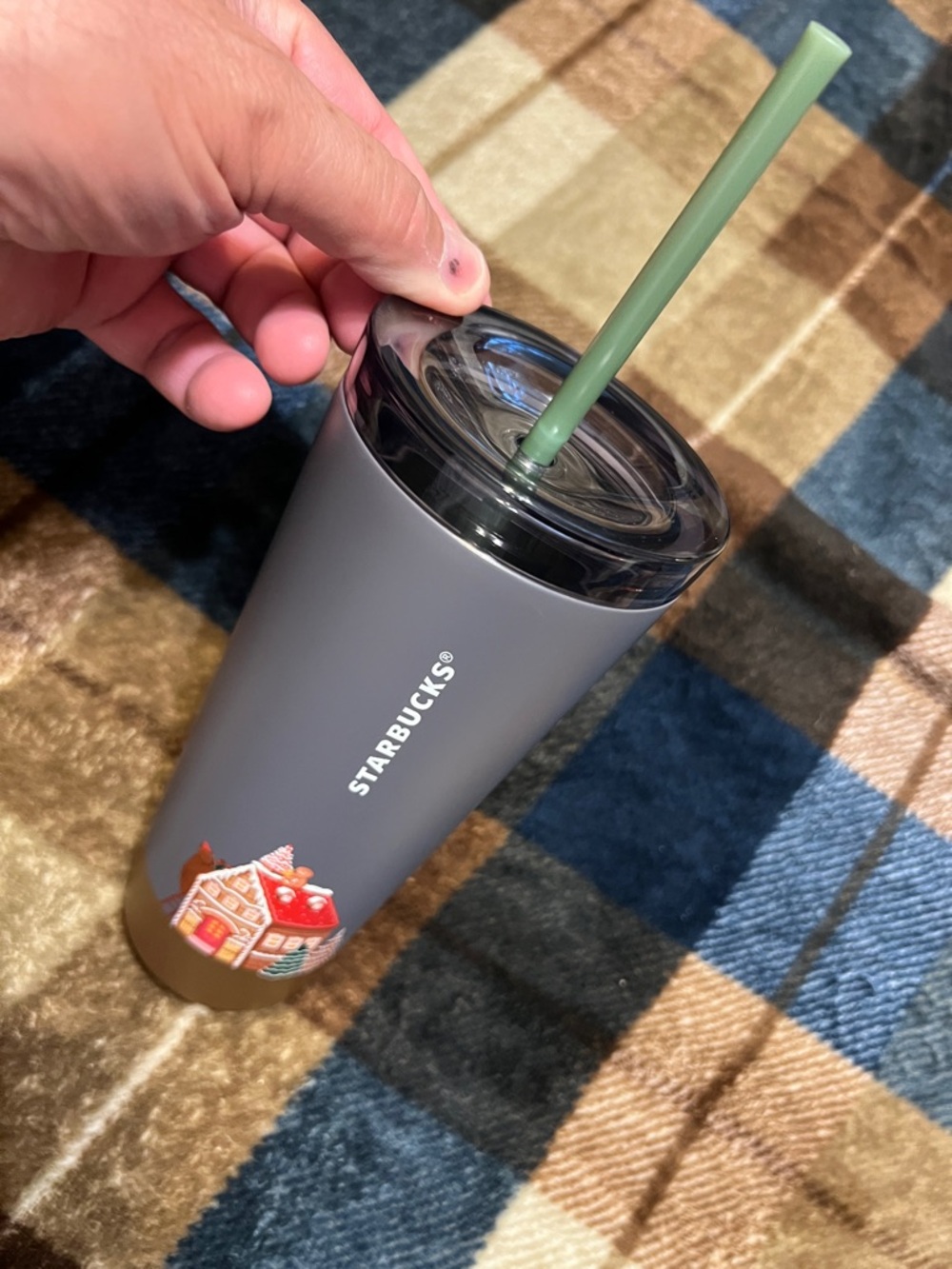 Starbucks Matte Gray Tumbler with Green Straw and Holiday Gingerbread Decal